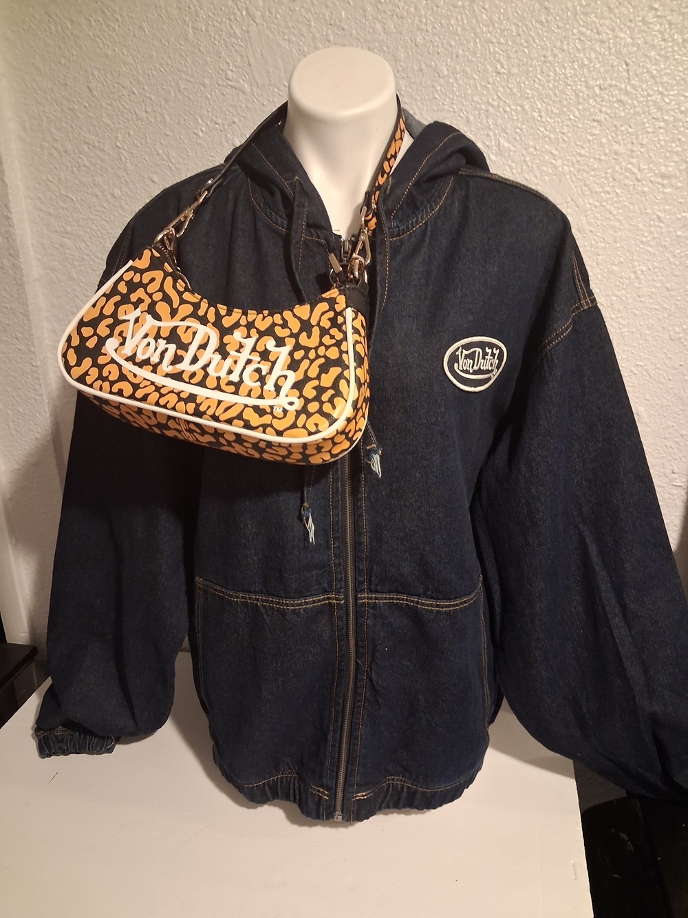 NWT Von Dutch Dark Blue Denim Hooded Coat With New Rare Cheetah Purse